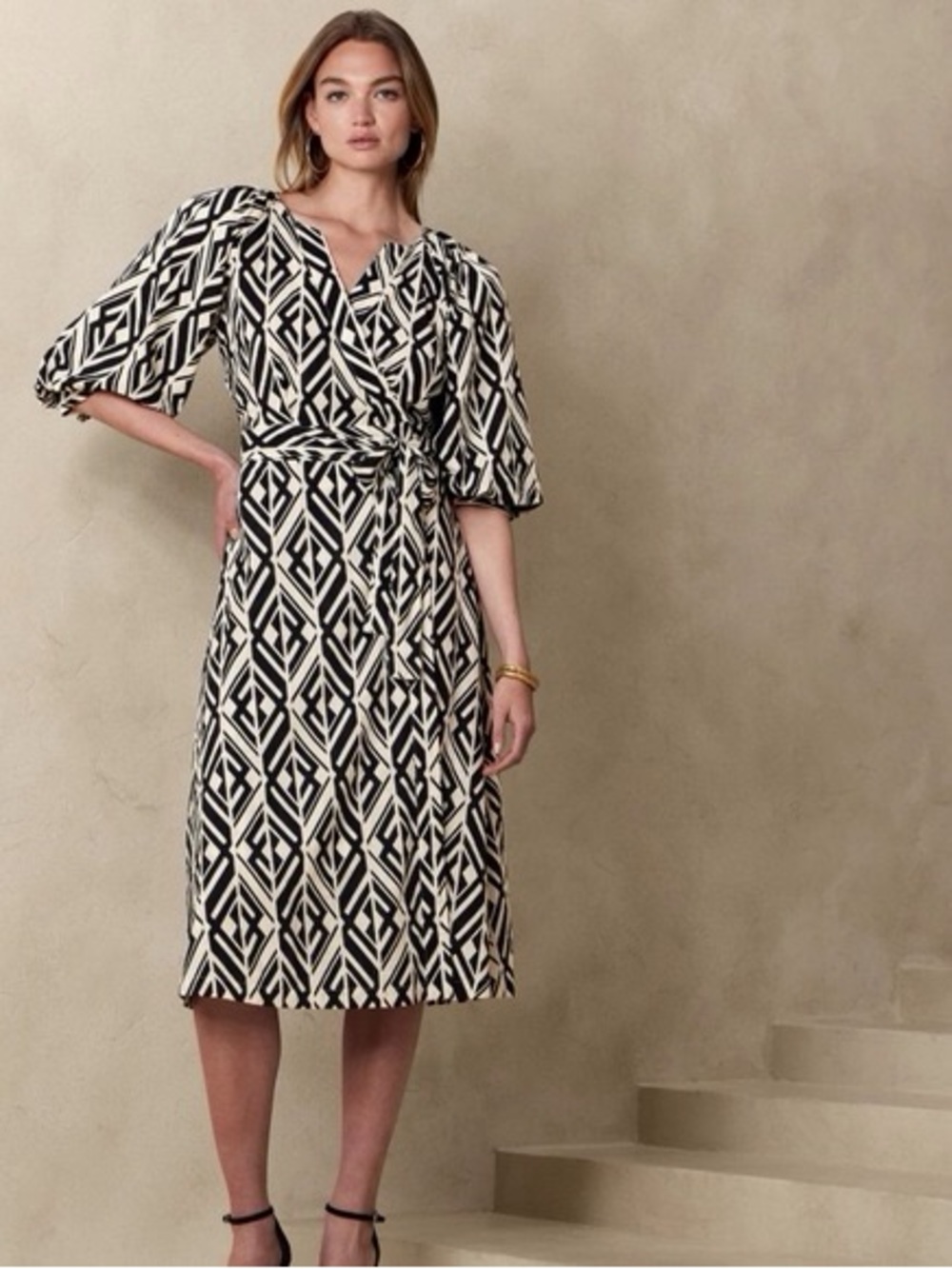 Banana Republic Black & Cream Geometric Wrap Midi Dress